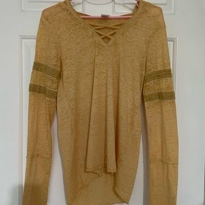 PLANET GOLD | mustard criss-cross neck hooded long sleeve